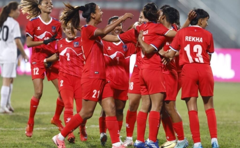 Nepali women's football team celebrating their win