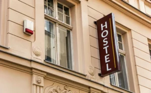 Building with hostel banner in it