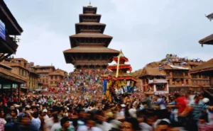 Crowd of people assembled to celebrate bisket jatra in nepal
