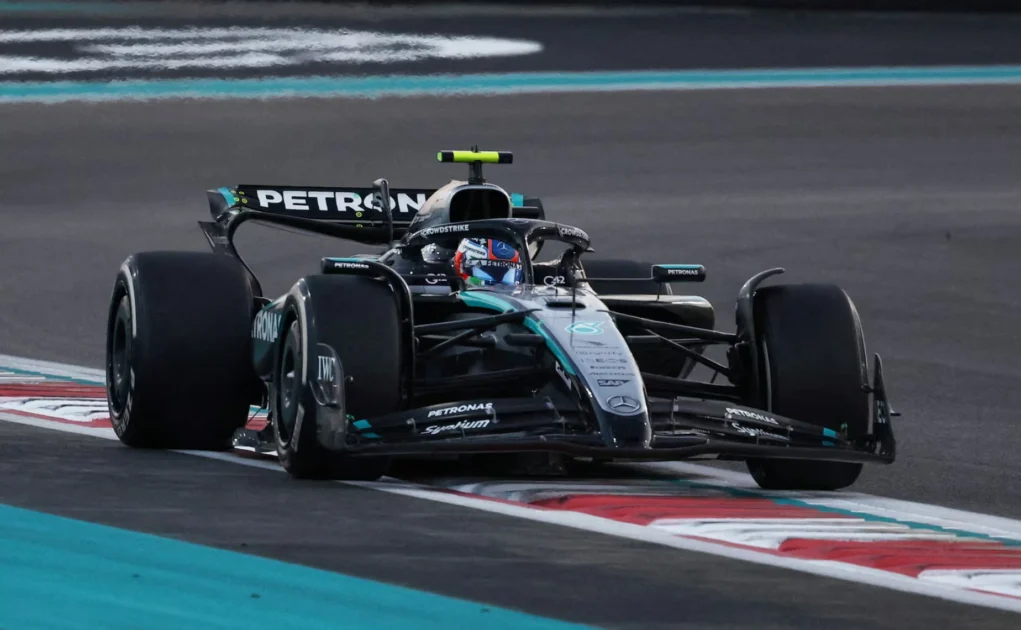 Mercedes Formula One car during a shakedown run at Silverstone Circuit.